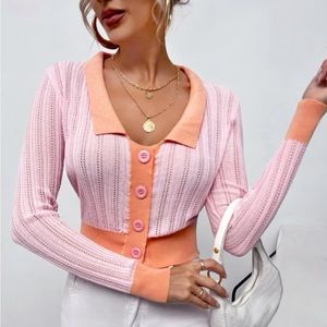 Contrast Trim Pointelle Knit Cardigan💕🍊